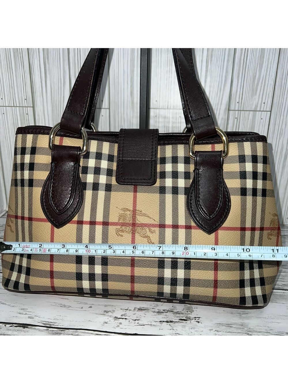 Burberry London Nova Check Tote Bag Brown Leather Plaid Shoulder Purse - Picture 9 of 15